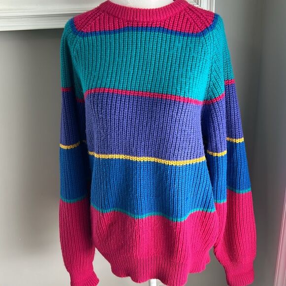 Vintage 90s Classic Fashion Striped Rainbow Sweater Medium - Picture 3 of 13